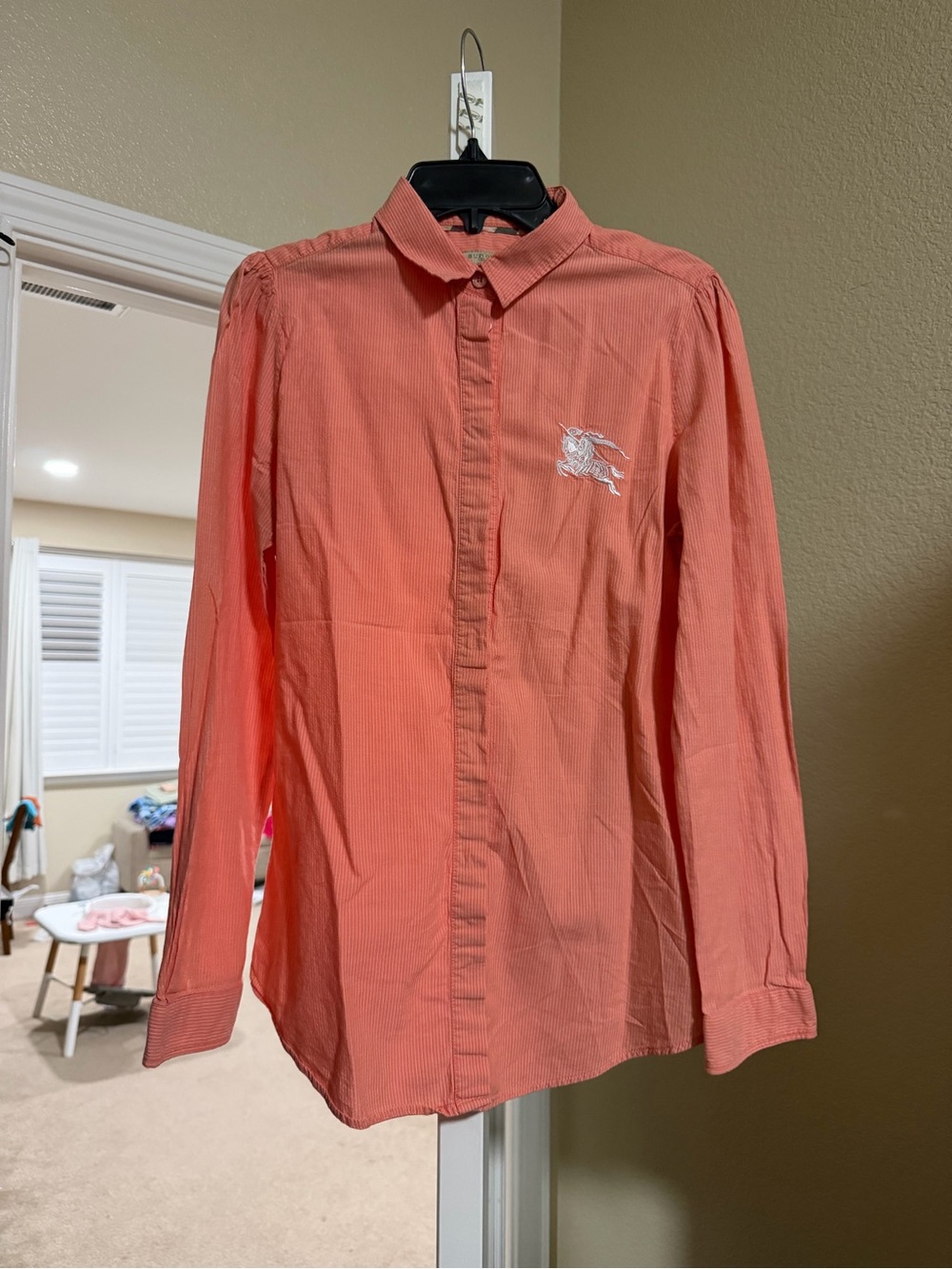 Burberry Brit Coral Peach Striped Embroidered Knight Button Down Shirt S